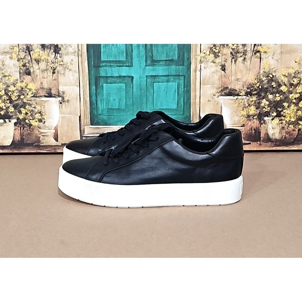 Vince Women's Benfield Leather Platform Lace Up Sneaker Black White Size 10 M